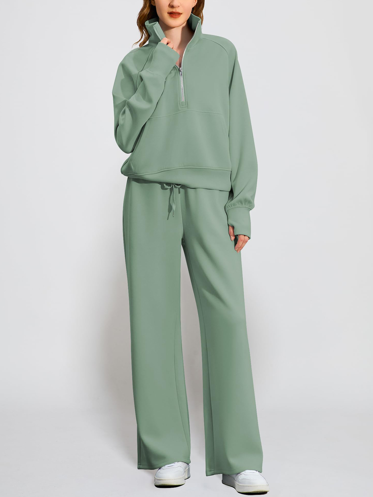 Limited time sale🔥Women's Oversized Half Zip Wide Leg 2 Piece Outfits Lounge Set(BUY 2 FREE SHIPPING)
