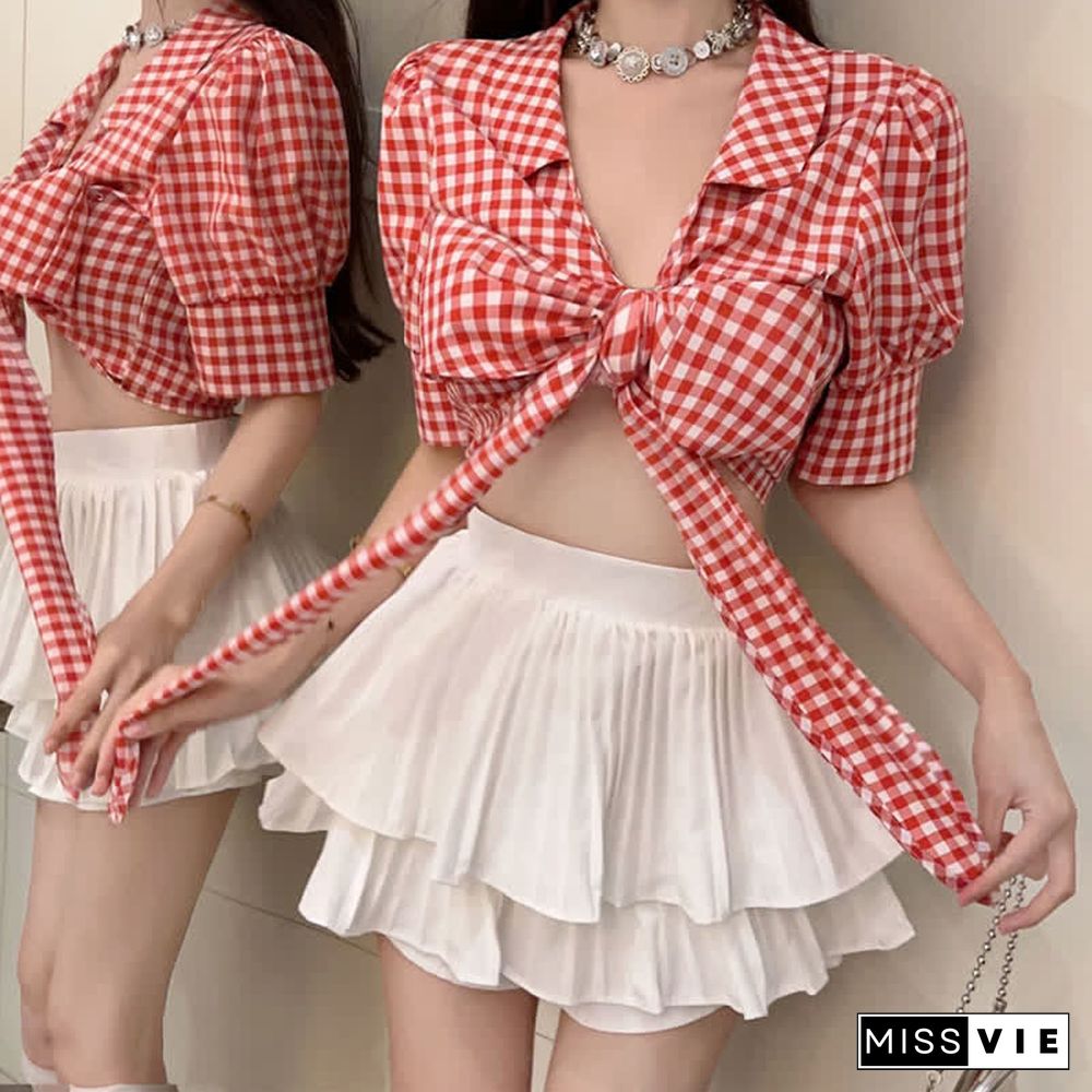 Lace Up Puff Sleeve Lattice Crop Top T-Shirt Mini Skirt