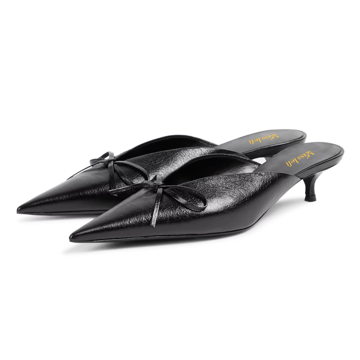 Black Pointed Toe Kitten Heel Mules Shoes with Bow Tie Accent Nicepairs