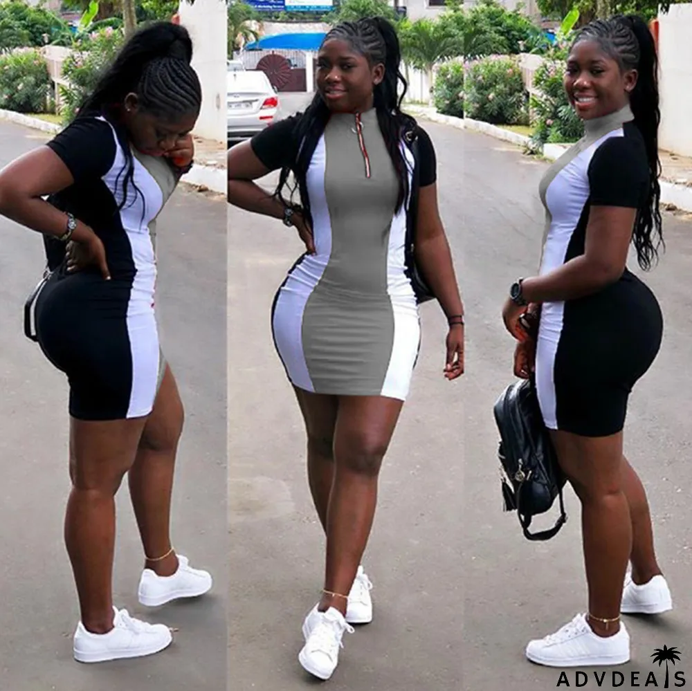 Color Block Zipper V Neck Mini Dress