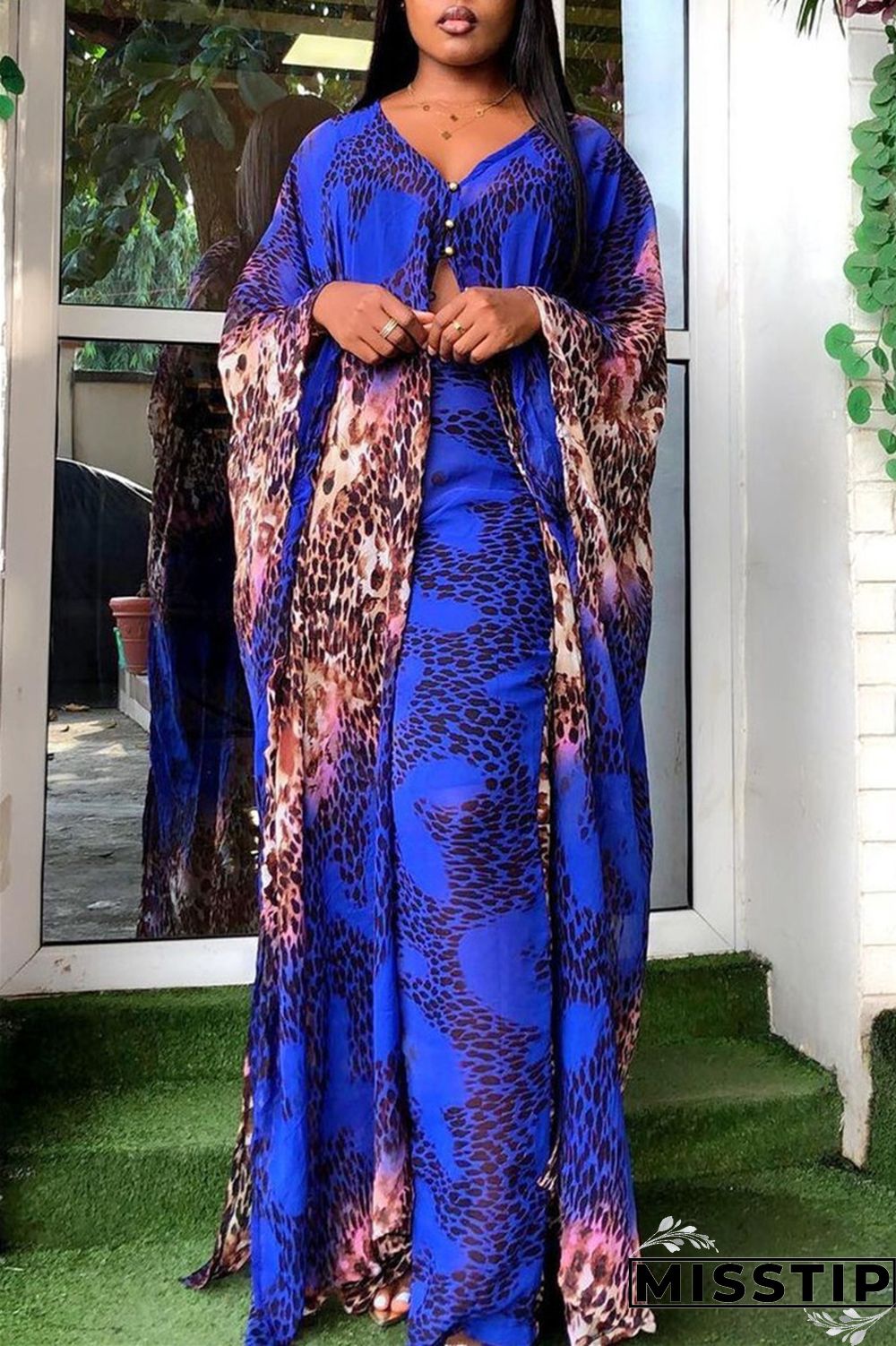 Blue Fashion Casual Print Slit V Neck Long Sleeve Two Pieces