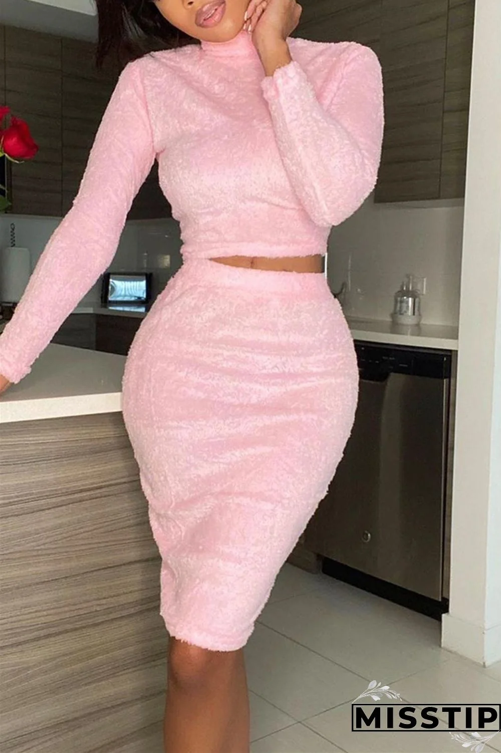 Pink Casual Plush Patchwork Solid Patchwork O Neck Long Sleeve Regular Sleeve Short Two Pieces