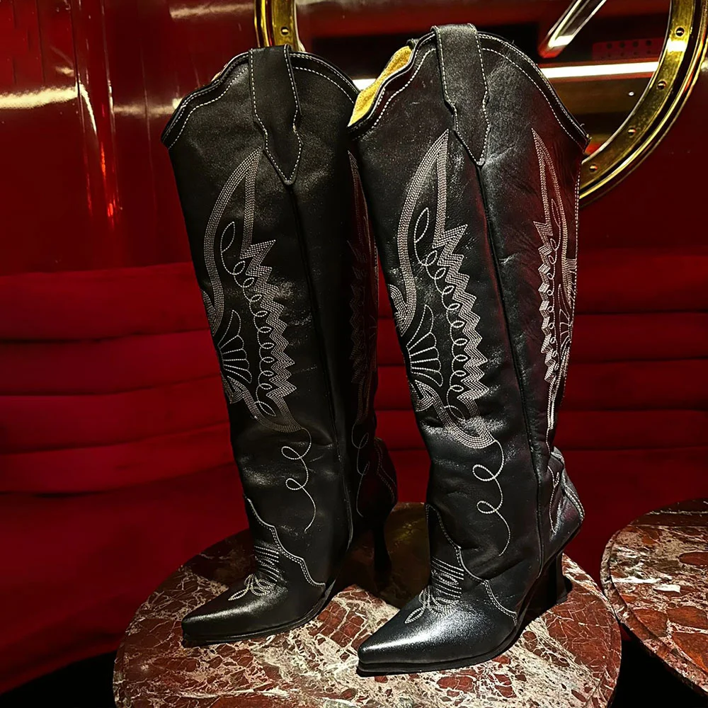 Black Pointed Toe Embroidered Flared Heel Knee-High Cowgirl Boots