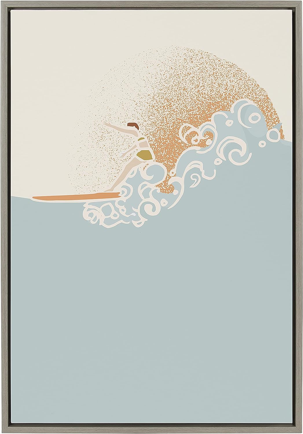 Kate and Laurel Sylvie Sea Breeze Surfer Girl Framed Canvas Wall Art by Hannah Beisang, 23x33 Gray. Decorative Beach Art for Wall