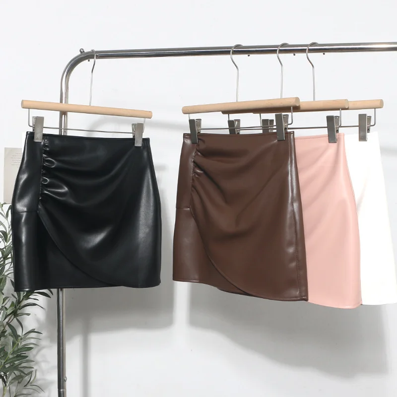 Uveng Real Shooting High-Waist Irregular Folded Cross A Word Pu Skin Small Man Short Skirt Women Autumn And Winter Bag Hip Skirt 1833