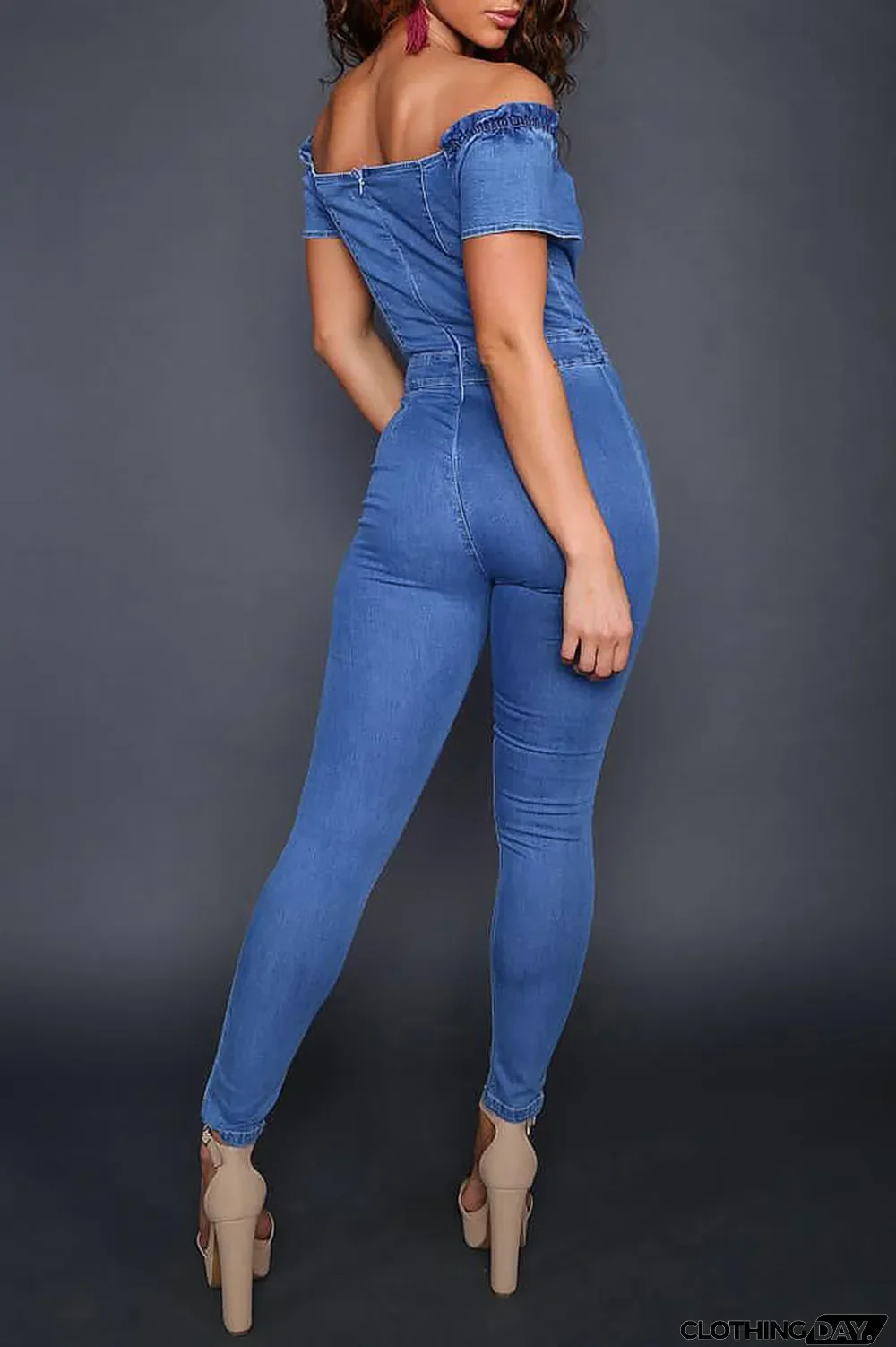 Blue Fashion Casual Solid Backless Off the Shoulder Regular Jumpsuits