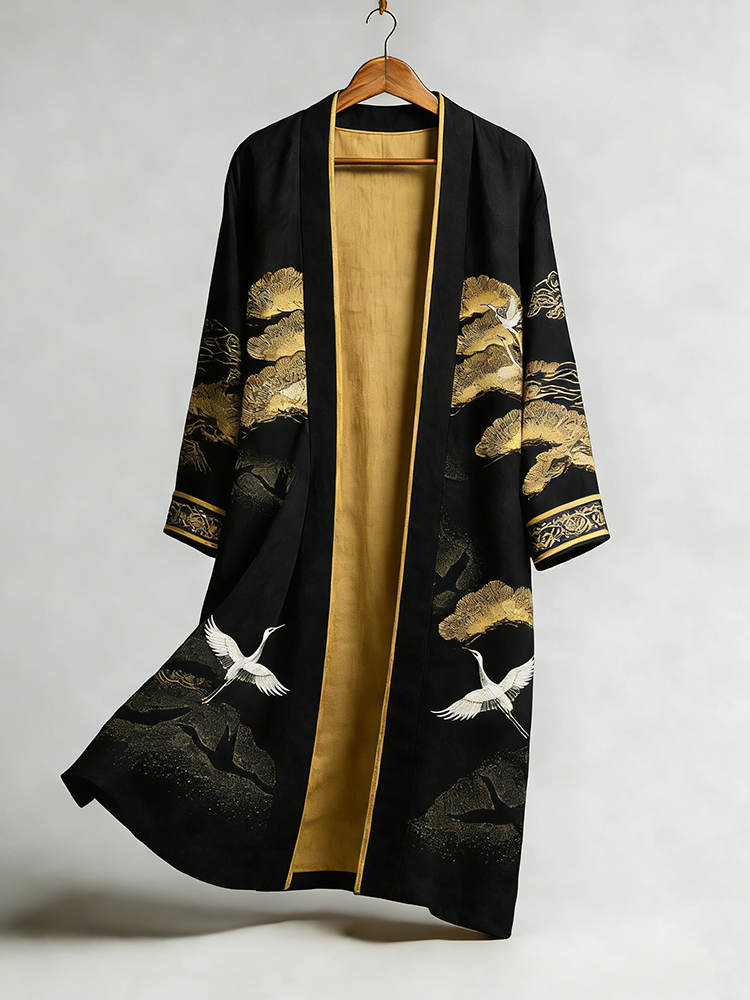 Japanese Cranes & Pine Trees Traditional Flowy Linen Kimono  artssus