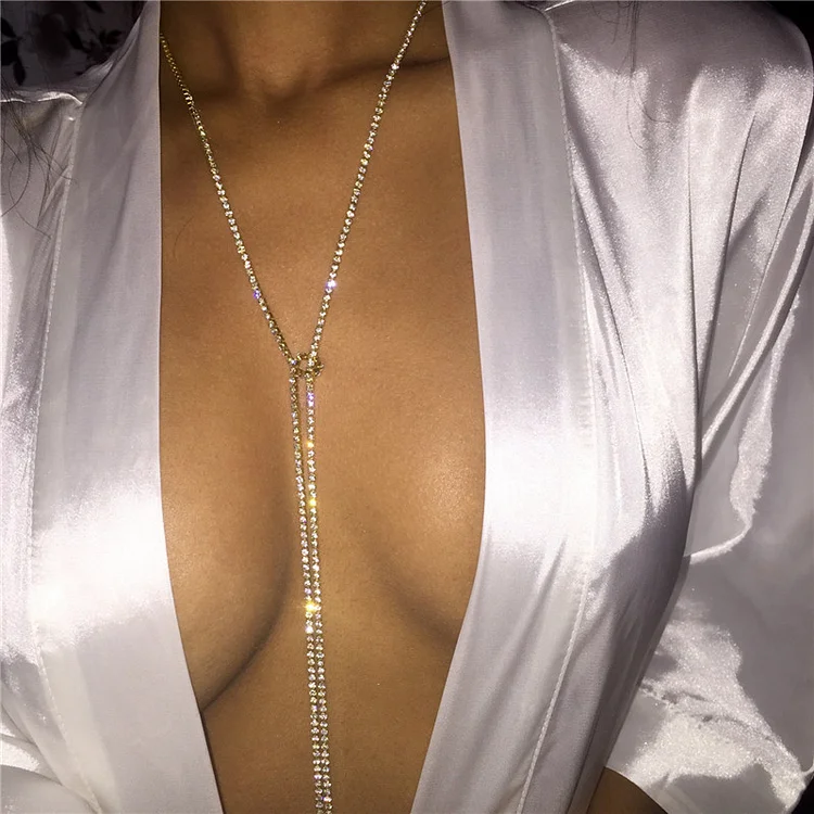 Glitter Long Chain Rhinestone Necklaces-Gold