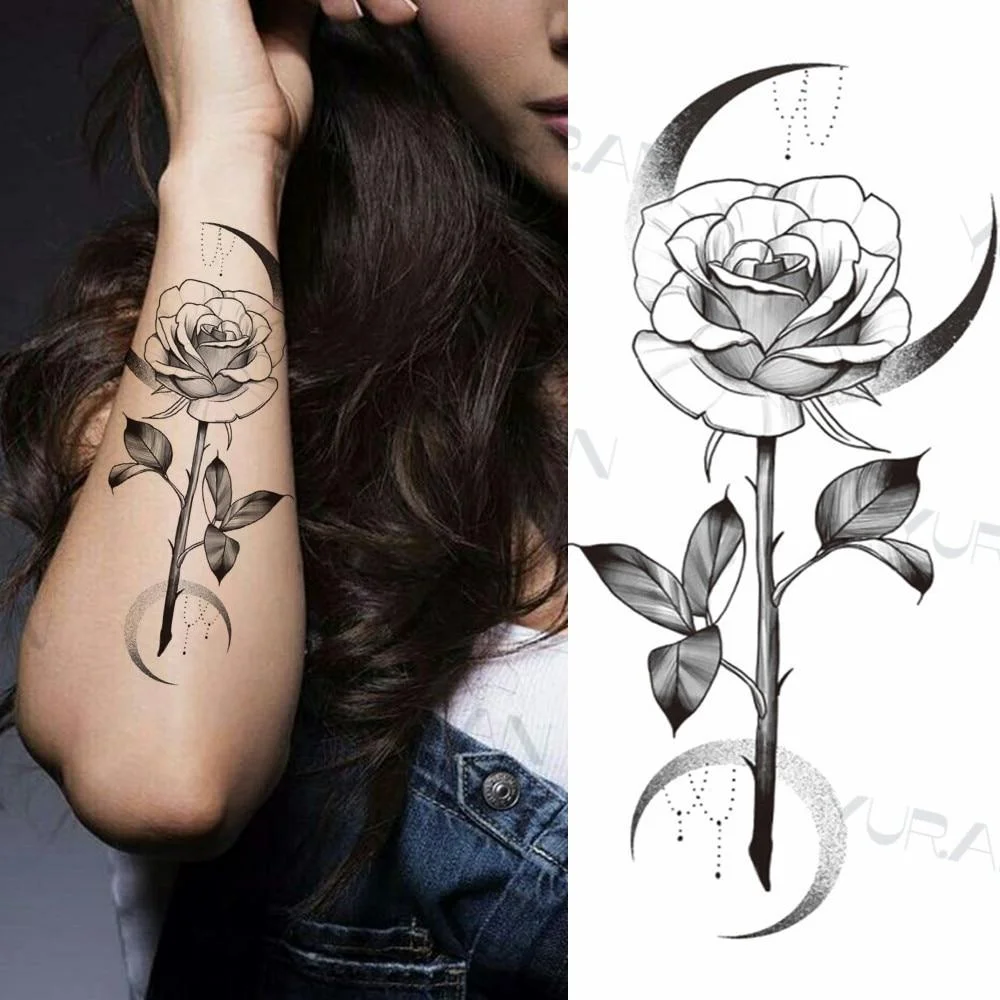 Black Large Snake Flower Fake Tattoo Sticker For Women Dot Rose Peony Temporary Tattoos DIY Water Transfer Tatoos Girls 1029