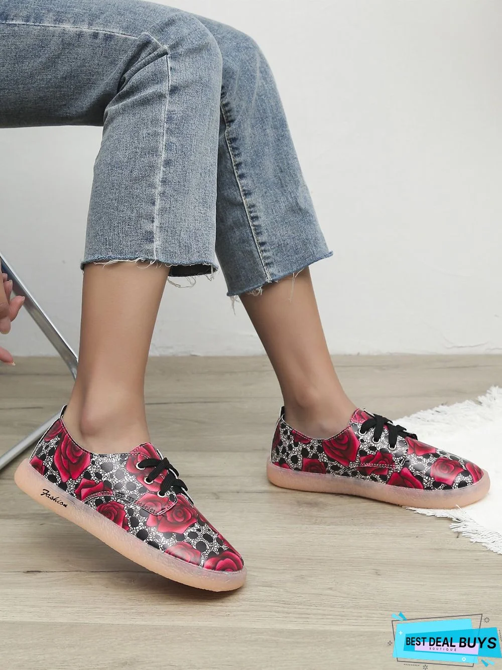 Floral Pattern  Lace-up Front Flat Shoes