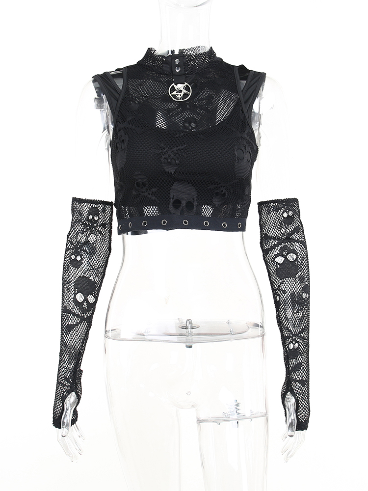Goth Dark Skull Fishnet Mall Gothic Women Tank Tops Grunge Aesthetic Punk Black Crop Top With Glove E-girl Emo Alternative Vests