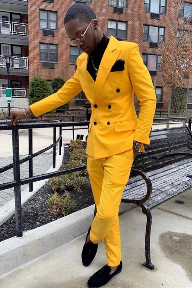 Bellasprom Modern Double Breasted Yellow Best Wedding Suits For Groom With Peaked Lapel Bellasprom