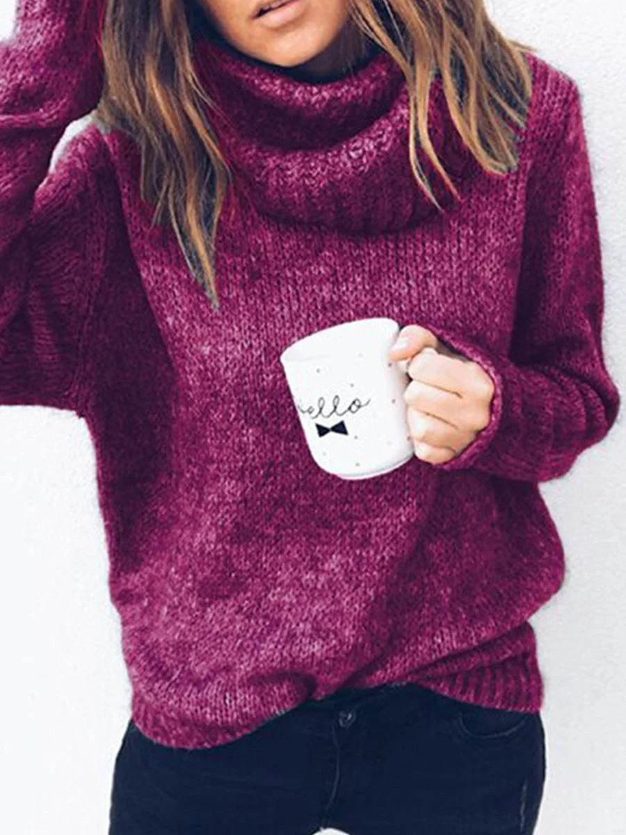 High Neck Solid Color Long Sleeve Knitting Sweater