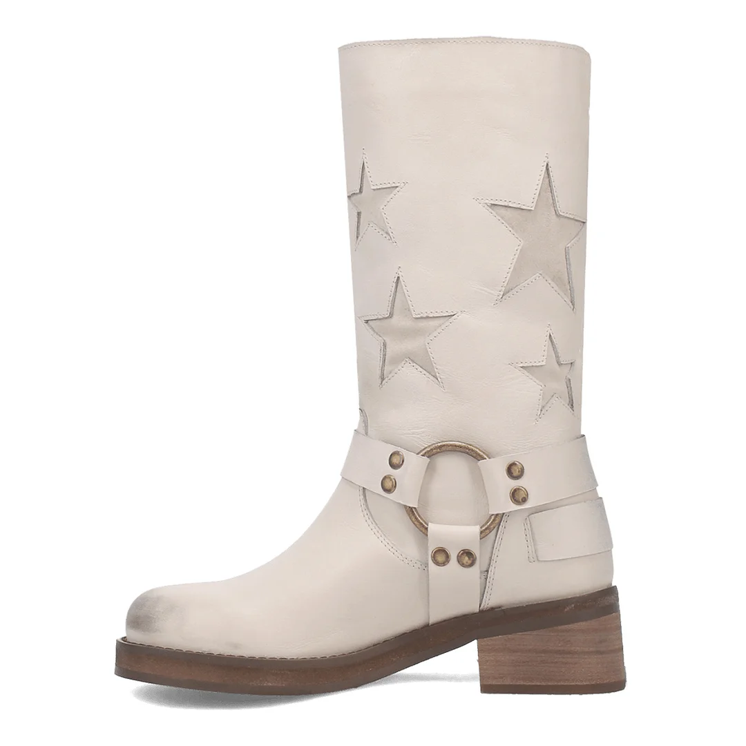 White Vegan Leather Round Toe Star Inlay Studded Block Heel Boots