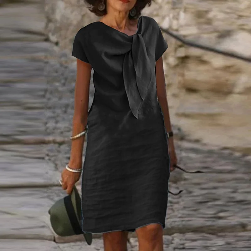 Billionm Female Slim A Line Dress Elegant Women Cotton Linen Solid Color Mini Dress 2023 Summer Short Sleeve Lace-Up Bow Fold Dress