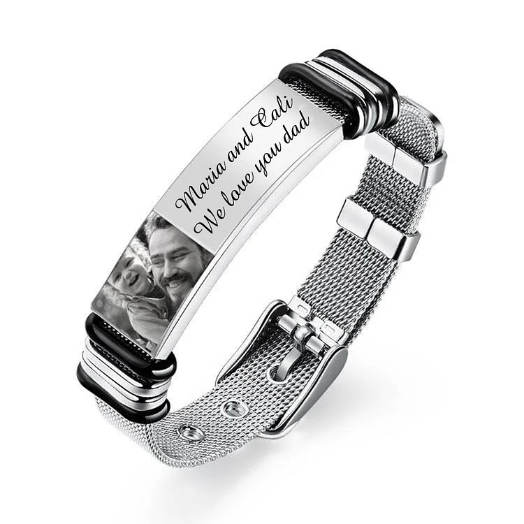 Personalized Men's Photo Bracelet Custom Photo ID Bar Watchband Bangle Gifts For Dad as Father's Day Gift
