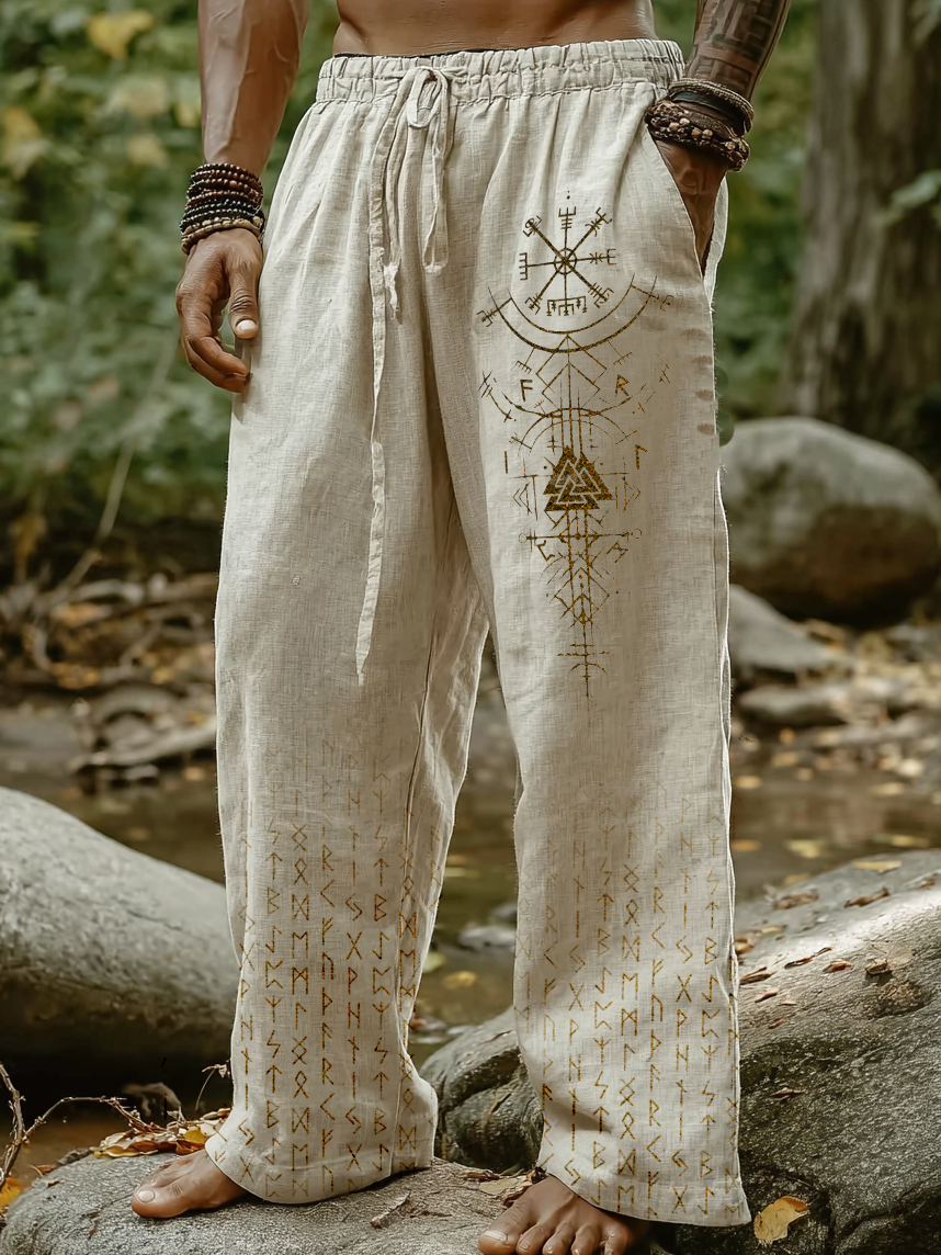 Men's Viking Holiday Style Vintage Nordic Rune Totem Casual Linen Pants / Rvogue / Rvogue