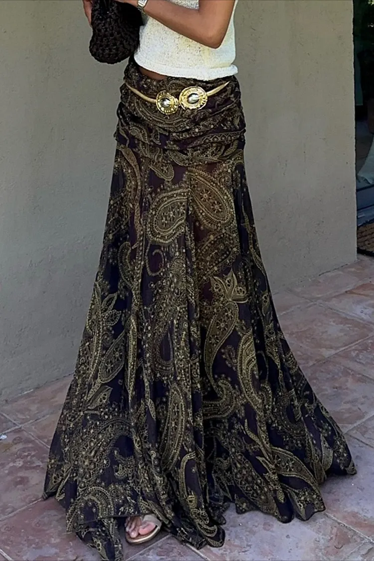 Vintage Paisley Print Slim Fit Maxi Skirt