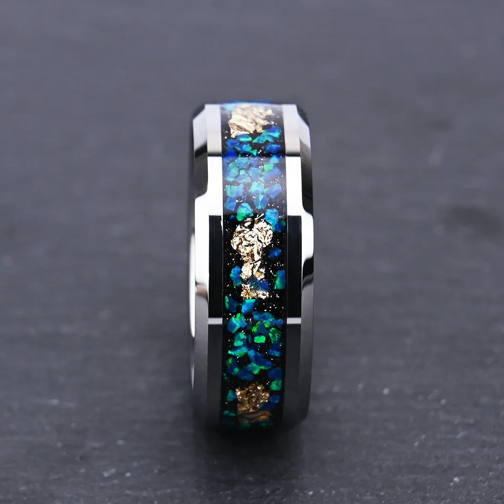 8MM Mens Women Flat Beveled Tungsten Rings Blue Opal and Gold Foil Wedding Bands