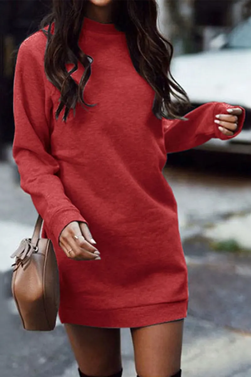 Casual Solid Split Joint Basic O Neck Dresses(4 Colors)