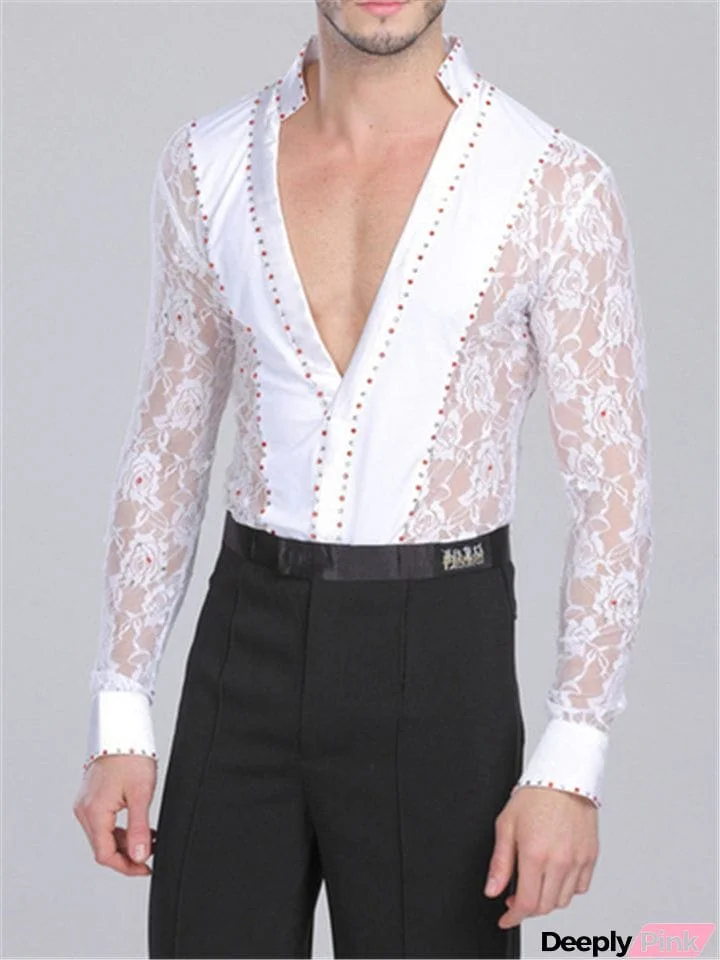 Deep-V Neck Sexy Mens Lace Shirt