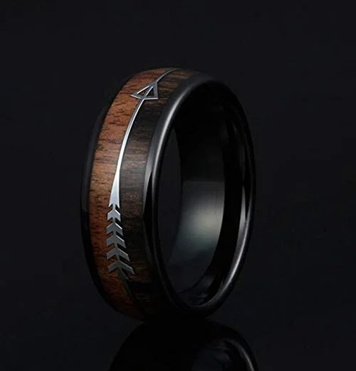 4MM 6MM 8MM 10MM Women's Or Men's Tungsten Carbide Wedding Matching Rings Black Cupid's Arrow over Wood Inlay with High Polish Dark Wood Inlay Domed Top