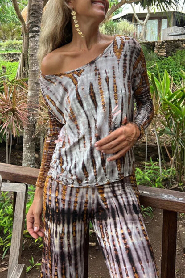 Tie-dye Print Back Cross Cutout Design Loose Stretch Top