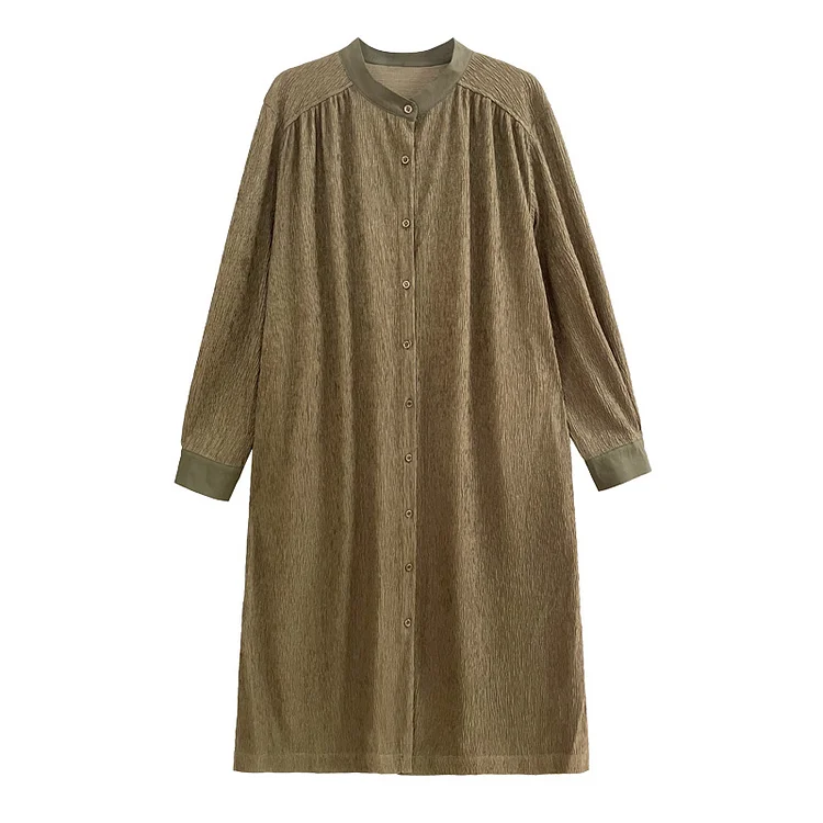 Classic Pleated Stand Collar Long Sleeve Midi Dress - yankia