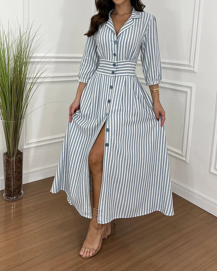 Lapel Striped Print Shirt Dress