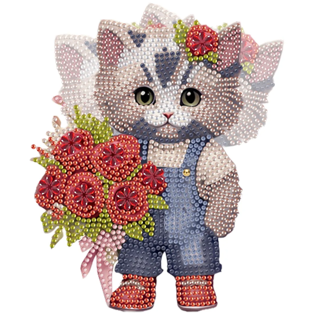 Cat Rose DIY 2D Flat Acrylic Desktop Diamond Art Kit with Rocking Function Decor