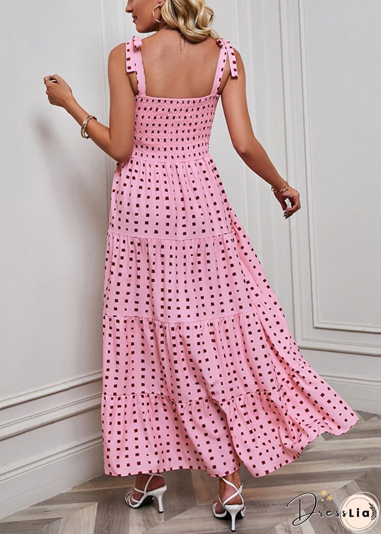 Pink Print Cotton Spaghetti Strap Dress Elastic Waist Summer