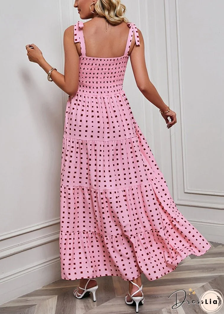 Pink Print Cotton Spaghetti Strap Dress Elastic Waist Summer
