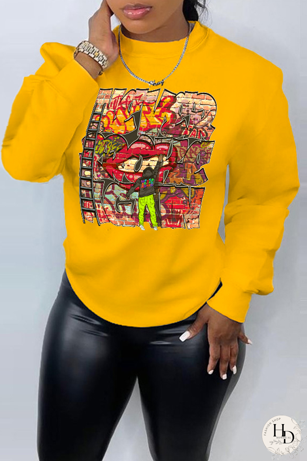 Yellow Street Vintage Print Patchwork Letter O Neck Tops