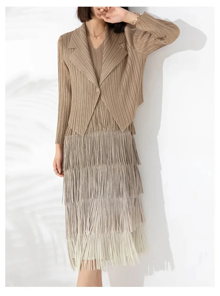 Luxury Purple V-neck Pleated Patchwork Tassel Hem Sleeveless Dress & Notched Collar Jacket Set