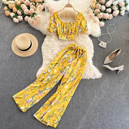 FTLZZ Summer Women Holiday Style Chiffon Printing Two Piece Set Short Shirt High Waist Wide Leg Pants Ladies Idyllic Style Sets