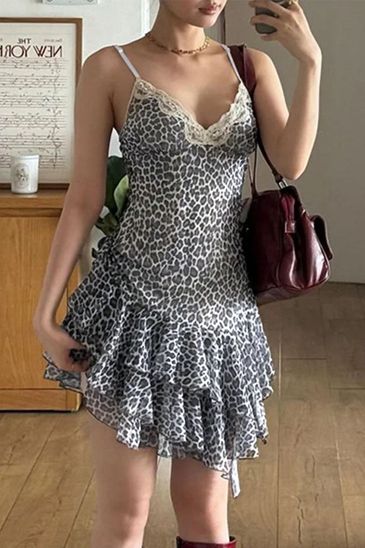 Sexy Vintage Leopard Mesh V Neck Sling Dresses