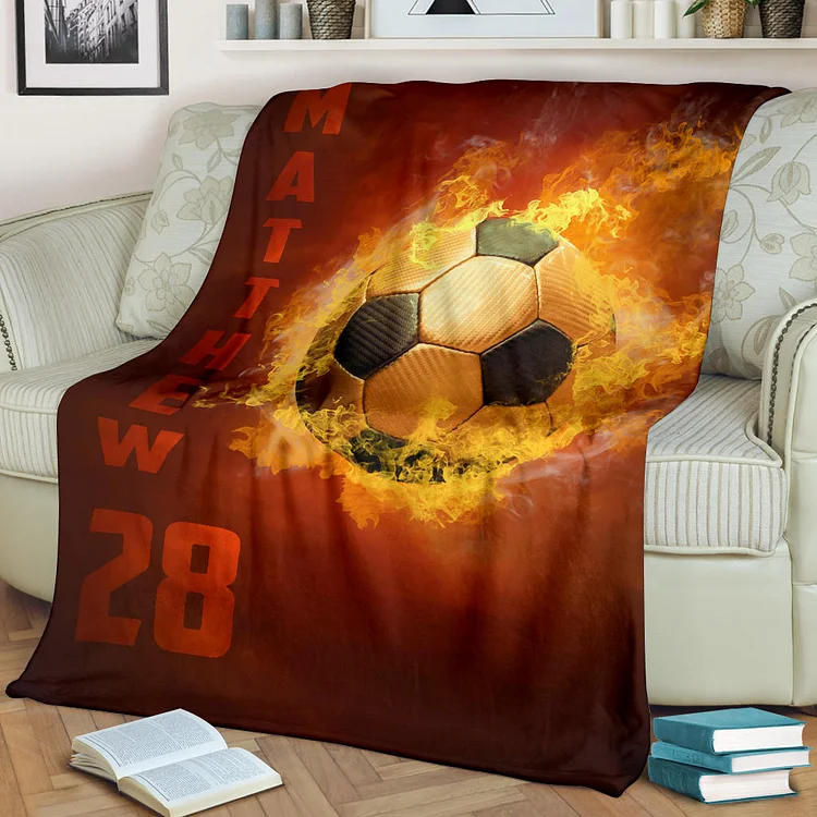 Personalized Soccer Blanket, Soccer Fireball Lover Gift Sherpa Fleece Blanket | BKKid540