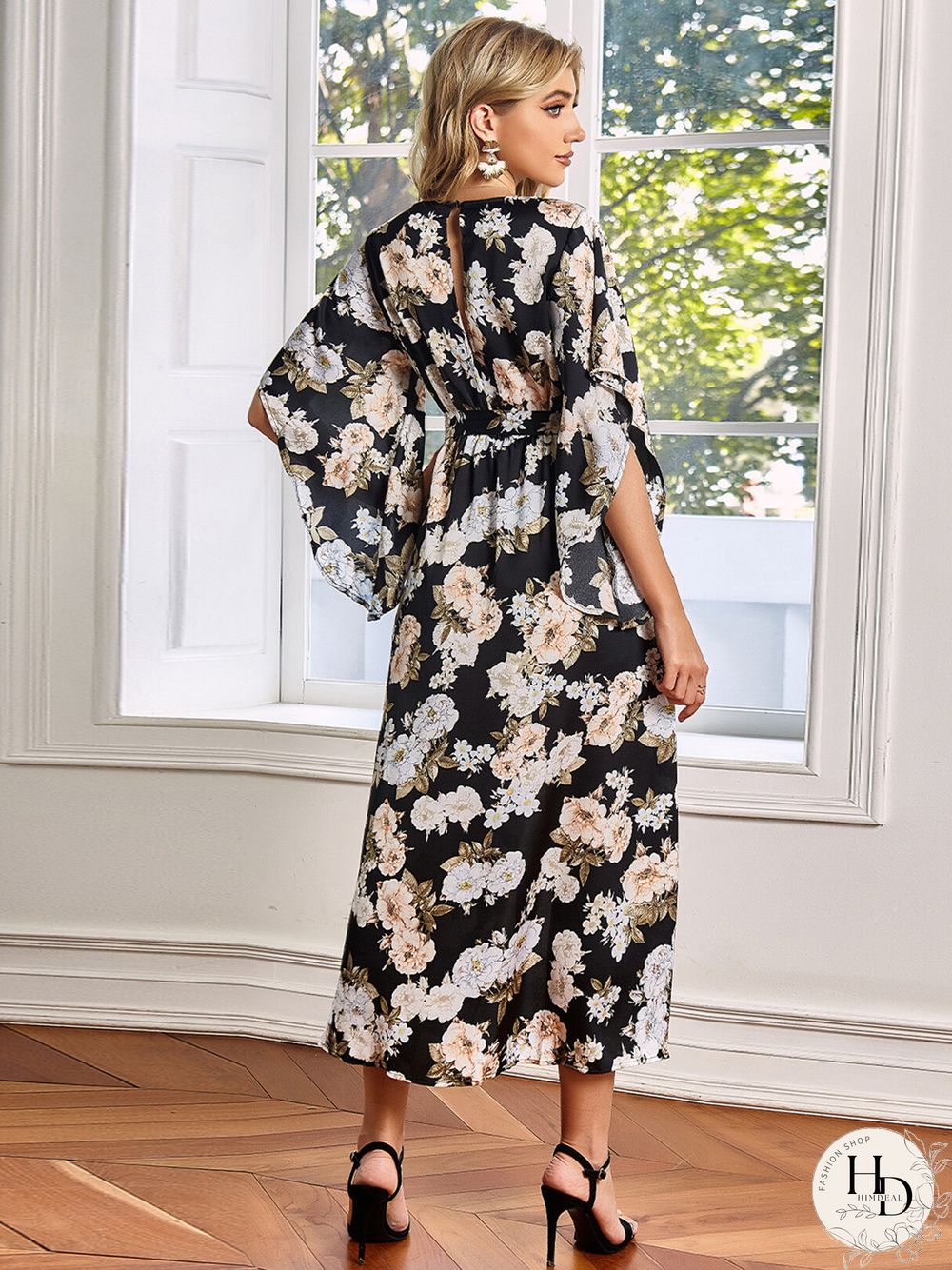 V-neck Floral Print Belt Design Irregularly Slit Hem Maxi Dress