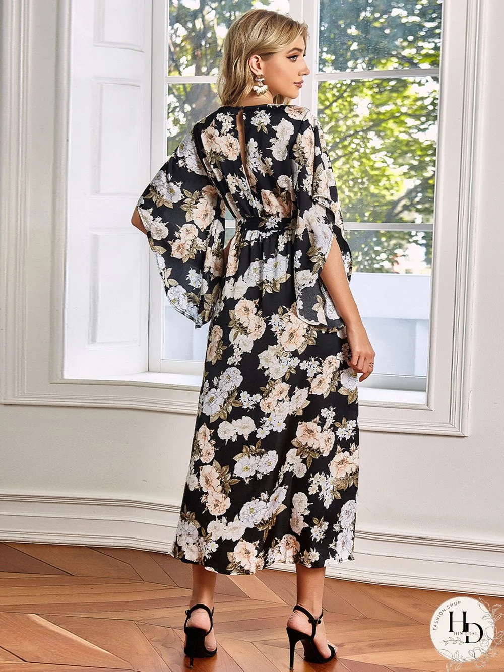V-neck Floral Print Belt Design Irregularly Slit Hem Maxi Dress
