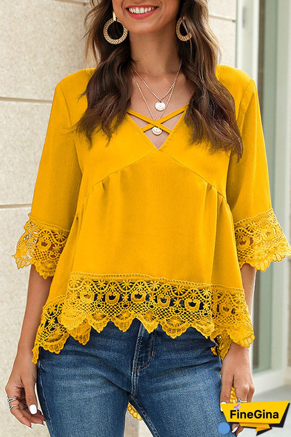 Chiffon Lace Pierced V-Neck Blouse