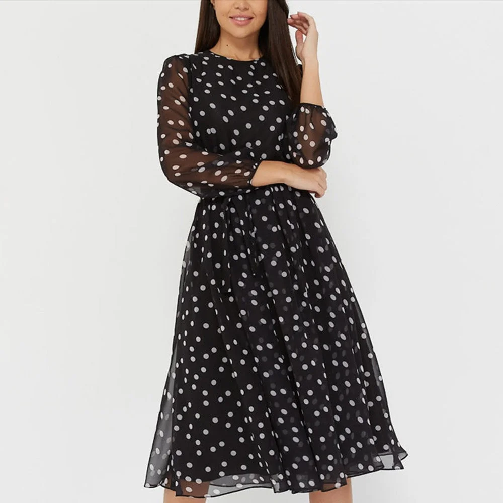Brownm Women's Long Sleeve Black Chiffon Printed Round Neck Lace Dot Formal Dress