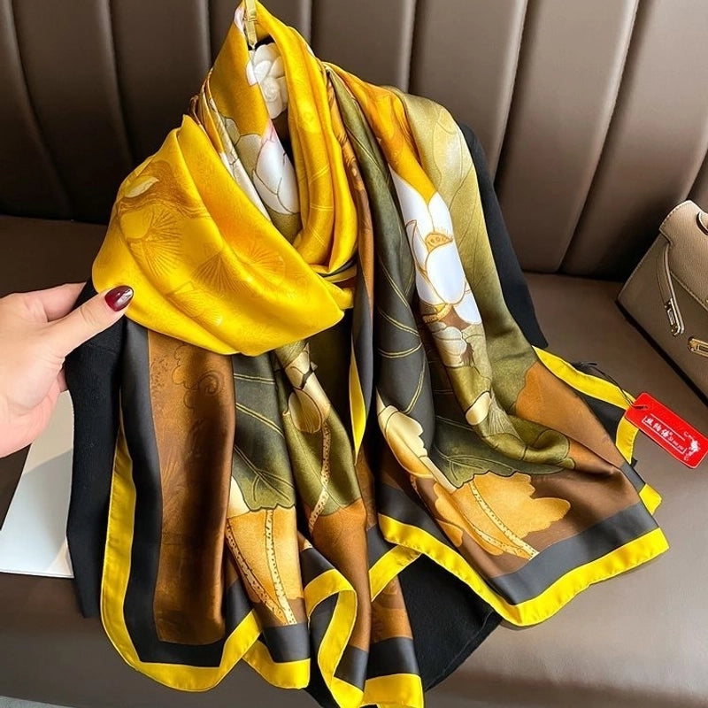 Women’s Fashion Letter Plaid Satin Printing Silk Scarves