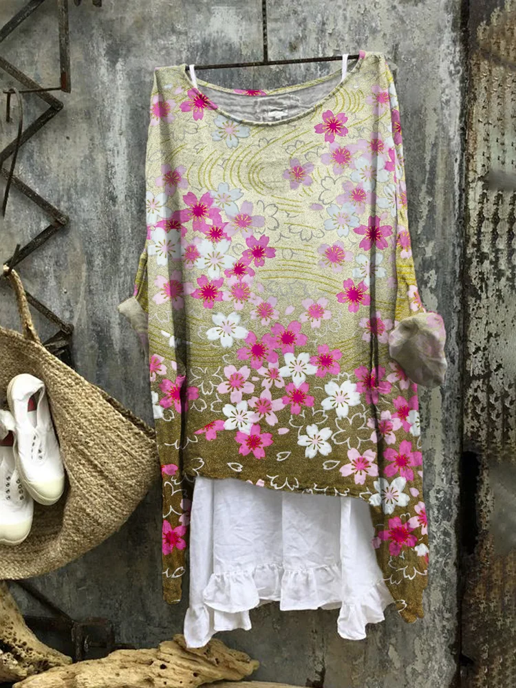 Golden Gradient Cherry Blossom Linen Blend Tunic