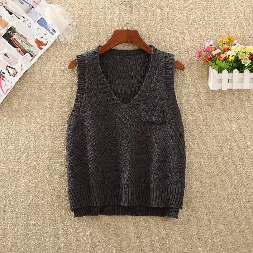 Sweater Vest Women V-neck Solid Pocket Loose Simple Knitted Casual Womens Elegant Autumn Daily Outwear All-match OL Sweaters New