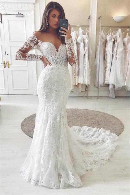 Long Sleeves Off-The-Shoulder V-Neck Lace Wedding Dress With Appliques Ballbellas Ballbellas