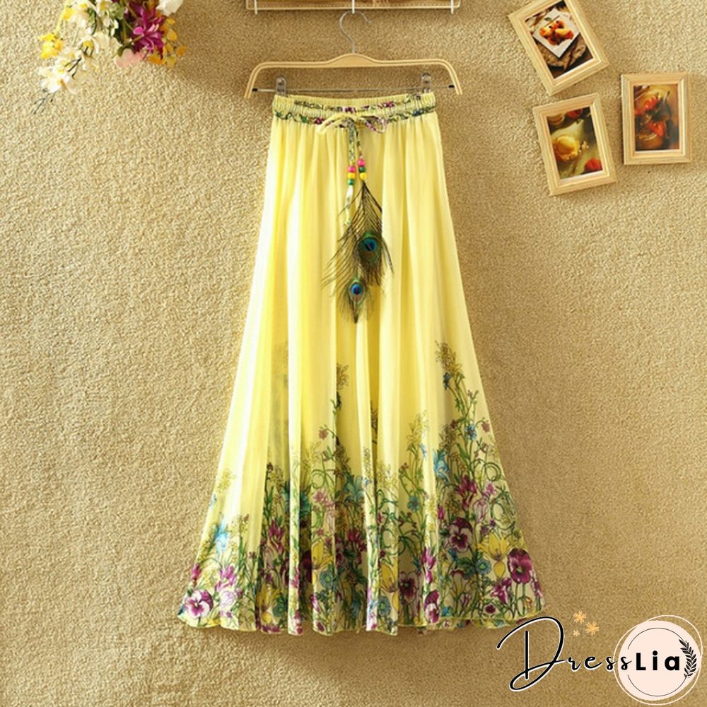 Summer Bohemian Long Skirt Chiffon Elegant Print Casual Skirts