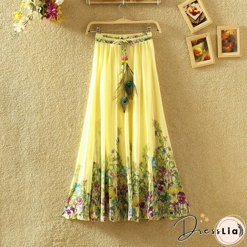 Summer Bohemian Long Skirt Chiffon Elegant Print Casual Skirts