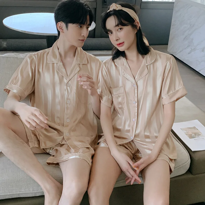 Stolskolb Short-sleeved Shorts Ice Silk Pajamas Men and Silk Satin Pajamas Set Long Sleeved Sleep Women Sleepwear Pijamas Couple Pajamas