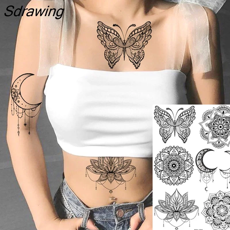 Sdrawing Henna Temporary Tattoos For Women Girls Feather Butterfly DreamCatcher Fake Gem Tattoo Sticker Chest Arm Tatoos Tribal 328-1