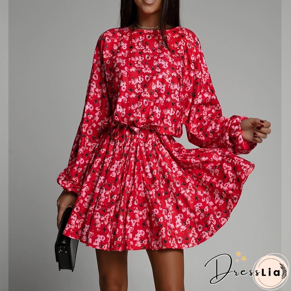Womens Clothing Dress Elegant Floral Print O-neck Lace Full Sleeves A-line Mini Pleated
